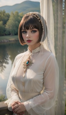 1girl,solo,breasts,looking at viewer,short hair,bangs,brown hair,black hair,long sleeves,dress,jewelry,underwear,upper body,outdoors,parted lips,day,artist name,necklace,nail polish,bra,white dress,blurry,black eyes,tree,lips,see-through,makeup,blurry background,own hands together,gem,veil,mountain,realistic,lake,grey eyes,lipstick,pink nails