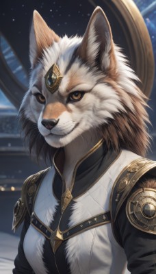 solo,looking at viewer,smile,1boy,animal ears,brown eyes,closed mouth,yellow eyes,upper body,male focus,artist name,signature,armor,grin,blurry,blurry background,shoulder armor,gem,furry,circlet,furry female,furry male,body fur,white fur,forehead jewel,animal nose,whiskers,snout,1girl,breasts,animal ear fluff,pauldrons