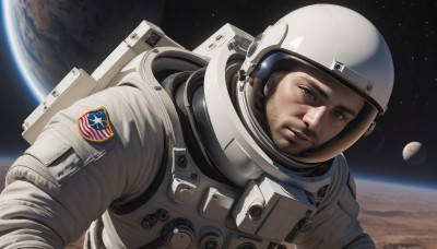 solo,looking at viewer,brown hair,1boy,brown eyes,upper body,male focus,facial hair,moon,helmet,star (sky),beard,science fiction,realistic,space,planet,earth (planet),spacesuit,astronaut,closed mouth,lips,stubble,emblem,logo,badge,american flag,space helmet