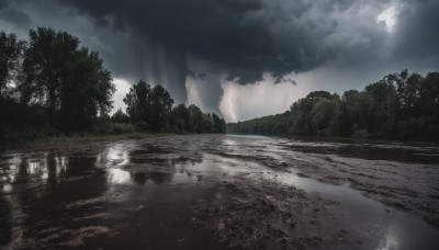 outdoors,sky,day,cloud,water,tree,no humans,sunlight,cloudy sky,grass,nature,scenery,forest,reflection,rain,light rays,mountain,river,landscape,lake,lightning