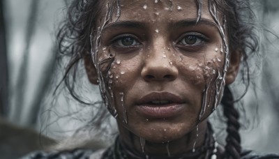 1girl,solo,long hair,looking at viewer,brown hair,black hair,brown eyes,braid,parted lips,teeth,dark skin,blurry,twin braids,dark-skinned female,lips,wet,blurry background,portrait,realistic,nose,wet hair,jewelry,earrings,tree,depth of field,close-up,freckles,mole on cheek