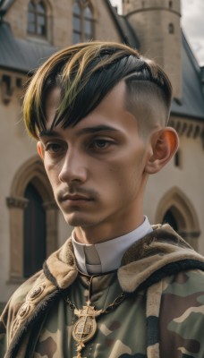 solo,looking at viewer,short hair,black hair,1boy,jewelry,closed mouth,upper body,male focus,multicolored hair,outdoors,day,necklace,blurry,black eyes,lips,blurry background,facial hair,building,portrait,realistic,camouflage,church,uniform,military,military uniform,cross,mustache,undercut