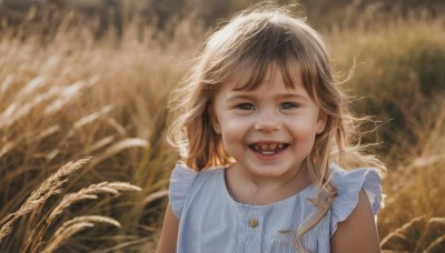 1girl,solo,long hair,looking at viewer,smile,open mouth,bangs,blonde hair,brown hair,shirt,dress,brown eyes,upper body,:d,outdoors,frills,teeth,sleeveless,blurry,black eyes,sleeveless dress,depth of field,blurry background,child,realistic,female child,day,tongue,wind,messy hair,wheat