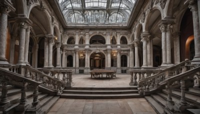 indoors,no humans,window,sunlight,scenery,stairs,door,railing,architecture,pillar,statue,church,arch,chandelier,column,day,building,wooden floor,tile floor,bridge,east asian architecture,floor,ceiling,hallway,reflective floor,stone floor