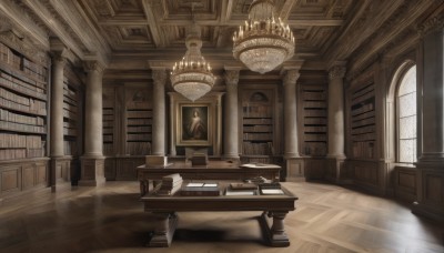 indoors,book,no humans,window,chair,table,sunlight,scenery,light rays,wooden floor,paper,stairs,bookshelf,light,candle,architecture,pillar,book stack,statue,library,candlestand,reflective floor,chandelier,voile,day,scroll