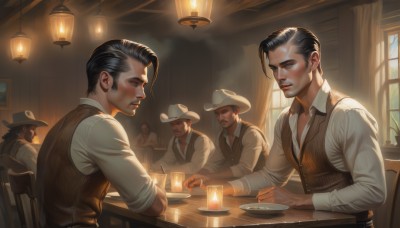 short hair,brown hair,shirt,black hair,long sleeves,hat,sitting,white shirt,male focus,multiple boys,collared shirt,indoors,looking at another,vest,cup,window,facial hair,chair,table,plant,beard,plate,sleeves rolled up,6+boys,4boys,realistic,mustache,lamp,candle,5boys,hair slicked back,waistcoat,cowboy hat,brown vest,looking at viewer,brown eyes,closed mouth,closed eyes,day,sunlight,alcohol,brown headwear,light,chandelier