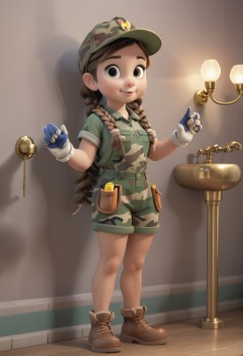 1girl,solo,long hair,looking at viewer,smile,brown hair,shirt,gloves,hat,twintails,brown eyes,closed mouth,standing,full body,braid,short sleeves,boots,shorts,collared shirt,indoors,white gloves,uniform,twin braids,flat chest,hands up,military,shadow,brown footwear,thick eyebrows,pocket,pouch,green shirt,blue gloves,female child,lamp,breast pocket,camouflage,green shorts,light bulb,shoes,belt,bag,lips,loli,child