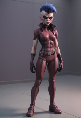 1girl,solo,breasts,looking at viewer,short hair,black hair,red eyes,gloves,jewelry,medium breasts,closed mouth,blue hair,standing,full body,earrings,small breasts,boots,pointy ears,black gloves,belt,armor,bodysuit,covered navel,mask,muscular,glowing,abs,shoulder armor,glowing eyes,skin tight,colored sclera,toned,black sclera,very short hair,shoulder pads,red bodysuit,artist name,collar,makeup,facial mark,piercing,spiked hair,red footwear,ear piercing,zipper,pouch,facepaint,undercut,mohawk