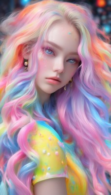 1girl,solo,long hair,looking at viewer,blue eyes,blonde hair,shirt,jewelry,closed mouth,blue hair,upper body,pink hair,short sleeves,multicolored hair,earrings,artist name,blurry,from side,lips,head tilt,eyelashes,makeup,depth of field,blurry background,watermark,wavy hair,facial mark,expressionless,web address,multicolored clothes,forehead,eyeshadow,freckles,yellow shirt,pink lips,multicolored eyes,realistic,nose,colorful,mascara,multicolored shirt,rainbow hair,two-tone hair,gradient hair,gem,yellow dress