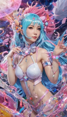 1girl,solo,long hair,breasts,looking at viewer,smile,bangs,blue eyes,large breasts,hair ornament,navel,cleavage,jewelry,medium breasts,blue hair,swimsuit,pink hair,multicolored hair,earrings,parted lips,wings,sky,water,nail polish,bracelet,lips,petals,aqua hair,gradient hair,makeup,night,moon,building,gem,revealing clothes,full moon,armlet,realistic,very long hair,flower,midriff,hair flower,necklace,fingernails,watermark,pink nails,nose