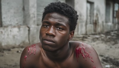 solo,looking at viewer,short hair,black hair,1boy,jewelry,upper body,male focus,nude,earrings,dark skin,blurry,black eyes,blood,blurry background,facial hair,dark-skinned male,beard,realistic,very dark skin,photo background,afro,closed mouth,indoors,portrait,meme,very short hair,manly,chest hair