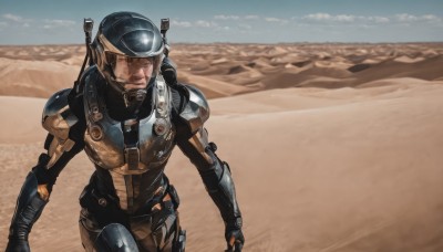 solo,1boy,weapon,male focus,outdoors,sky,day,armor,blue sky,gun,helmet,walking,science fiction,realistic,power armor,desert,looking at viewer,scar,rifle,sand,weapon on back,dust