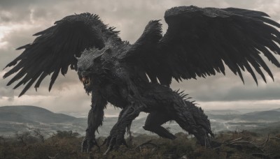 solo,open mouth,red eyes,tail,outdoors,wings,sky,teeth,cloud,no humans,cloudy sky,sharp teeth,feathered wings,claws,black wings,monster,mountain,scales,giant,kaijuu,horns,glowing,scenery,landscape