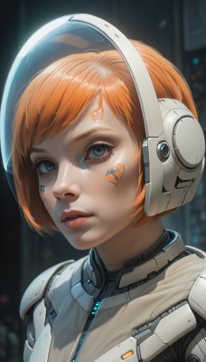 1girl,solo,looking at viewer,short hair,bangs,blue eyes,upper body,parted lips,teeth,orange hair,blurry,lips,eyelashes,bodysuit,tattoo,makeup,blurry background,swept bangs,headphones,facial mark,helmet,portrait,freckles,science fiction,realistic,nose,cyborg,spacesuit,grey eyes,zipper,space helmet