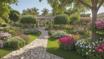 flower,outdoors,sky,day,tree,blue sky,no humans,shadow,grass,plant,white flower,building,nature,scenery,pink flower,blue flower,yellow flower,purple flower,road,bush,path,garden,cloud,sunlight,red flower,field,arch,pavement