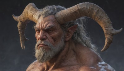 solo,looking at viewer,1boy,closed mouth,collarbone,white hair,grey hair,male focus,horns,pointy ears,muscular,facial hair,scar,muscular male,portrait,beard,veins,mature male,realistic,mustache,manly,old,old man,wrinkled skin,grey eyes,demon horns,topless male