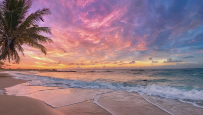 outdoors, sky, cloud, water, tree, dutch angle, no humans, ocean, beach, cloudy sky, scenery, sunset, sand, palm tree, horizon, shore