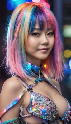 1girl,solo,breasts,looking at viewer,smile,short hair,bangs,blonde hair,cleavage,bare shoulders,medium breasts,closed mouth,blue hair,swimsuit,upper body,pink hair,bikini,multicolored hair,medium hair,blurry,black eyes,two-tone hair,lips,blurry background,realistic,nose,rainbow hair,large breasts,jewelry,collar,streaked hair,makeup,underboob