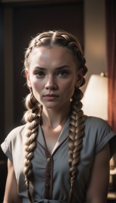 1girl,solo,long hair,looking at viewer,blue eyes,brown hair,shirt,twintails,brown eyes,closed mouth,upper body,braid,short sleeves,artist name,indoors,blurry,twin braids,lips,grey eyes,buttons,depth of field,blurry background,child,hair over shoulder,forehead,freckles,realistic,nose,female child,lamp,blonde hair,dress,collarbone,flat chest,watermark,sunlight,thick eyebrows,blue shirt,messy hair,backlighting,light