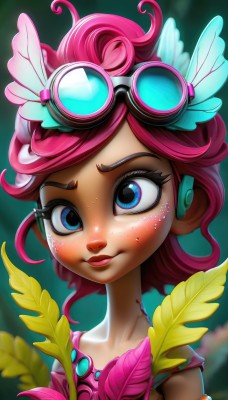 1girl,solo,blush,smile,short hair,bangs,blue eyes,hair ornament,bare shoulders,closed mouth,collarbone,upper body,pink hair,artist name,blurry,lips,eyelashes,makeup,blurry background,leaf,watermark,feathers,plant,goggles,gem,portrait,eyeshadow,freckles,goggles on head,red hair,web address,curly hair,nose,feather hair ornament