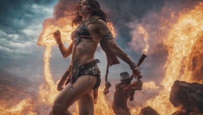 1girl,long hair,breasts,brown hair,black hair,hat,navel,holding,jewelry,standing,weapon,outdoors,sky,solo focus,sword,cloud,cape,armor,bracelet,lips,muscular,abs,cloudy sky,fire,knife,clenched hand,armlet,freckles,toned,rock,mountain,realistic,fantasy,bracer,bikini armor,1boy,midriff,gun,tattoo,smoke,magic