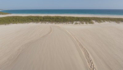 outdoors,sky,day,water,tree,blue sky,no humans,ocean,beach,grass,scenery,sand,horizon,road,shore,desert,signature,military,military vehicle,airplane,vehicle focus,waves