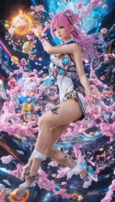 1girl,solo,long hair,breasts,looking at viewer,gloves,dress,bare shoulders,brown eyes,jewelry,medium breasts,sitting,full body,ponytail,pink hair,parted lips,food,sleeveless,high heels,bracelet,lips,legs,tattoo,short dress,floating,science fiction,crystal,space,planet,thighs,hairband,boots,pink eyes,leotard,bare legs,headphones,candy,earth (planet)