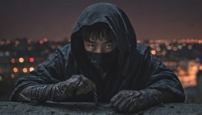 solo,looking at viewer,short hair,black hair,gloves,long sleeves,1boy,upper body,male focus,outdoors,black gloves,hood,blurry,black eyes,mask,night,depth of field,blurry background,chain,hood up,mouth mask,covered mouth,city lights,1girl,bangs,holding,weapon,sky,looking to the side,night sky,cloak,dark,bokeh,elbow rest,arm rest,black mask