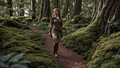 1girl,solo,long hair,breasts,blonde hair,brown hair,gloves,dress,closed mouth,standing,hairband,boots,outdoors,barefoot,pointy ears,artist name,signature,fingerless gloves,armor,blurry,tree,depth of field,sunlight,plant,elf,shoulder armor,nature,scenery,forest,walking,pauldrons,vambraces,path,realistic