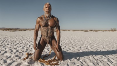 solo,breasts,looking at viewer,1boy,nipples,full body,male focus,nude,outdoors,day,dark skin,kneeling,shadow,science fiction,realistic,sand,alien,photo background,what,desert,jewelry,sky,necklace,no humans,muscular,bald