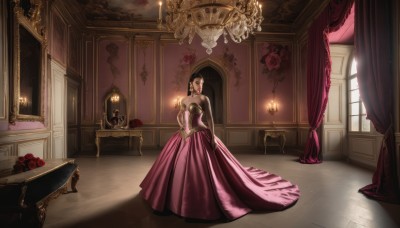 1girl,solo,long hair,breasts,looking at viewer,bangs,black hair,hair ornament,dress,cleavage,bare shoulders,jewelry,standing,full body,flower,earrings,indoors,lips,window,strapless,makeup,shadow,rose,chair,table,sunlight,own hands together,lipstick,curtains,red flower,gem,pink dress,strapless dress,corset,purple dress,red rose,wooden floor,mirror,long dress,red lips,candle,vase,painting (object),carpet,gown,candlestand,chandelier,brown hair,gloves,elbow gloves,formal,realistic