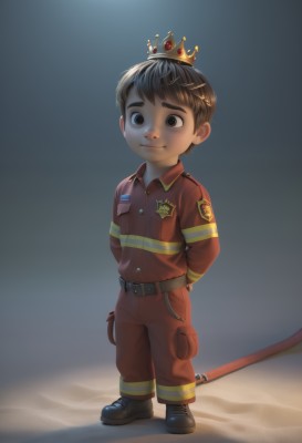 solo,looking at viewer,smile,short hair,brown hair,black hair,1boy,brown eyes,closed mouth,standing,full body,male focus,boots,shoes,belt,black footwear,uniform,black eyes,arms behind back,thick eyebrows,crown,child,male child,spotlight,shirt,holding,pants,red shirt,sand,badge