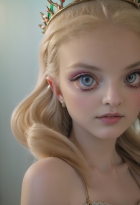 1girl,solo,long hair,looking at viewer,blush,blue eyes,blonde hair,dress,bare shoulders,jewelry,closed mouth,collarbone,earrings,artist name,lips,eyelashes,watermark,tiara,crown,portrait,web address,close-up,forehead,freckles,realistic,nose,princess,pointy ears,makeup,mascara