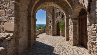 outdoors,sky,day,cloud,water,tree,blue sky,no humans,window,building,scenery,stairs,fantasy,door,road,wall,ruins,pillar,arch,column,bird,ocean,plant,rock,mountain,architecture,brick wall,landscape,path,stone,stone floor,stone wall