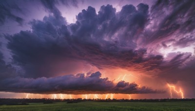 outdoors,sky,cloud,tree,no humans,cloudy sky,grass,nature,scenery,forest,sunset,electricity,field,lightning,landscape,mountain,fantasy,hill