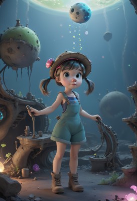 1girl,solo,looking at viewer,short hair,brown hair,hat,twintails,brown eyes,standing,full body,boots,shoes,sleeveless,black eyes,lips,brown footwear,plant,robot,short twintails,child,bubble,female child,overalls,planet,wrench,industrial pipe,machine,overall shorts,blue eyes,shirt,black hair,night,moon,balloon,mushroom