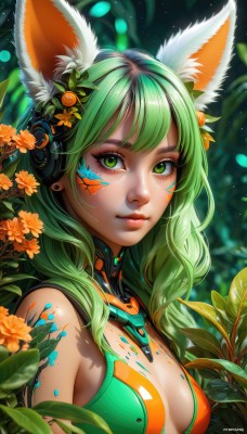 1girl,solo,long hair,breasts,looking at viewer,smile,bangs,hair ornament,animal ears,cleavage,bare shoulders,jewelry,medium breasts,closed mouth,green eyes,upper body,flower,multicolored hair,earrings,outdoors,green hair,shiny,artist name,signature,hair flower,blurry,from side,lips,animal ear fluff,fox ears,eyelashes,makeup,depth of field,blurry background,headgear,leaf,watermark,facial mark,plant,web address,freckles,pink lips,nose,whisker markings,facepaint,mascara,small breasts,sleeveless,headphones,nature,bodypaint,orange flower