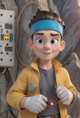 solo,looking at viewer,smile,short hair,open mouth,blue eyes,brown hair,shirt,black hair,gloves,1boy,jacket,upper body,male focus,open clothes,teeth,belt,white gloves,black shirt,blurry background,headband,thick eyebrows,robot,child,male child,dirty,jumpsuit,dirty face,blue headband,blush,holding,blurry,upper teeth only,yellow jacket,screwdriver