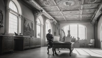 solo,shirt,long sleeves,1boy,sitting,monochrome,greyscale,male focus,day,indoors,cup,book,no humans,window,shadow,chair,table,sunlight,plant,curtains,scenery,desk,wooden floor,paper,lamp,wide shot,stool,vase,statue,painting (object),carpet,cabinet,1girl,short hair,hat,jacket,necktie,shoes,pants,witch hat,formal,suit,instrument,headwear removed,hat removed,piano