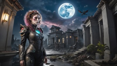 1girl,solo,breasts,looking at viewer,short hair,brown hair,hair ornament,jewelry,medium breasts,standing,pink hair,flower,multicolored hair,cowboy shot,earrings,outdoors,sky,cloud,armor,lips,bodysuit,makeup,night,glowing,bird,facial mark,moon,cloudy sky,plant,lipstick,shoulder armor,building,night sky,glowing eyes,full moon,pauldrons,lantern,breastplate,stairs,arms at sides,black bodysuit,bat (animal),architecture,shoulder pads,facial tattoo,long hair,blue eyes,weapon,braid,solo focus,sword,hair flower,tree,blood,curly hair,dragon,facepaint