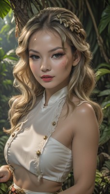 1girl,solo,long hair,breasts,looking at viewer,smile,blonde hair,brown hair,hair ornament,bare shoulders,brown eyes,jewelry,medium breasts,upper body,flower,earrings,outdoors,parted lips,teeth,sleeveless,day,midriff,hair flower,mole,blurry,black eyes,lips,crop top,mole under eye,makeup,blurry background,leaf,wavy hair,plant,nature,freckles,curly hair,realistic,red lips,dappled sunlight,mole on cheek,skirt,shirt,white shirt,braid,tree