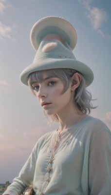 1girl,solo,looking at viewer,short hair,bangs,blue eyes,simple background,shirt,long sleeves,hat,white background,jewelry,closed mouth,white shirt,upper body,grey hair,earrings,outdoors,sky,cloud,lips,grey eyes,white headwear,realistic,stud earrings,breasts,brown eyes,parted lips,necklace,nose