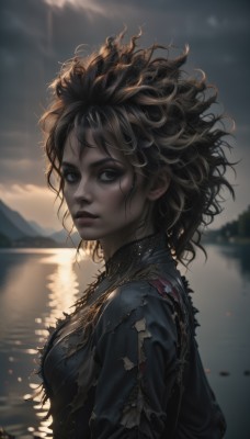 1girl,solo,breasts,looking at viewer,short hair,brown hair,black hair,brown eyes,closed mouth,upper body,outdoors,sky,cloud,dark skin,medium hair,water,blurry,black eyes,from side,dark-skinned female,lips,wet,looking to the side,torn clothes,blurry background,cloudy sky,messy hair,freckles,reflection,curly hair,realistic,nose,lake,bangs,medium breasts,small breasts,eyelashes,makeup,floating hair,depth of field,expressionless,sunlight,wind,backlighting,sunset,mountain