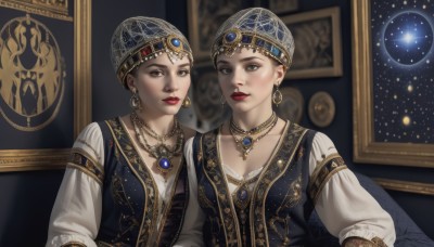 breasts,looking at viewer,short hair,multiple girls,shirt,long sleeves,hat,2girls,cleavage,brown eyes,jewelry,closed mouth,collarbone,white shirt,upper body,earrings,parted lips,puffy sleeves,indoors,necklace,black eyes,vest,lips,grey eyes,makeup,siblings,crown,lipstick,sisters,gem,star (sky),gold trim,twins,realistic,headdress,red lips,picture frame,painting (object),blue gemstone,constellation,smile,black hair,medium breasts,sitting,hoop earrings