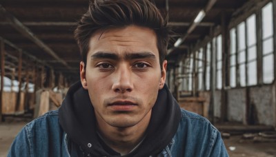 solo,looking at viewer,short hair,brown hair,black hair,1boy,brown eyes,closed mouth,jacket,upper body,male focus,indoors,hood,blurry,black eyes,blurry background,facial hair,portrait,realistic,stubble,photo background,denim jacket,shirt,japanese clothes,day,kimono,lips,window,depth of field,expressionless,thick eyebrows,beard,close-up,blue kimono