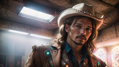 solo,long hair,looking at viewer,blue eyes,brown hair,shirt,1boy,hat,jewelry,closed mouth,jacket,upper body,male focus,parted lips,collared shirt,indoors,medium hair,blurry,lips,window,buttons,blurry background,facial hair,thick eyebrows,blue shirt,wing collar,gem,portrait,beard,curly hair,brown jacket,realistic,nose,mustache,cowboy hat,stained glass,cowboy western,depth of field,sunlight,lens flare,backlighting,brown headwear,light