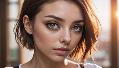 1girl,solo,looking at viewer,short hair,brown hair,shirt,brown eyes,jewelry,white shirt,earrings,parted lips,blurry,lips,eyelashes,depth of field,blurry background,portrait,close-up,forehead,freckles,realistic,nose,stud earrings