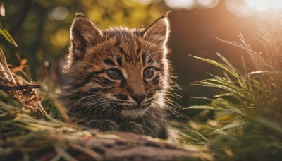 looking at viewer,outdoors,day,artist name,signature,blurry,black eyes,no humans,depth of field,blurry background,animal,cat,grass,plant,blurry foreground,animal focus,nature,scenery,realistic,whiskers