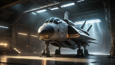 HQ,indoors,signature,military,no humans,window,robot,mecha,machinery,science fiction,realistic,aircraft,military vehicle,airplane,light,vehicle focus,spacecraft,ceiling,lights,non-humanoid robot,cockpit,scenery,cable