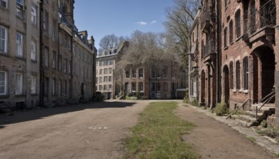 outdoors,sky,day,cloud,tree,blue sky,no humans,window,shadow,grass,building,scenery,door,road,house,bare tree,street,bird,bush,ruins,path